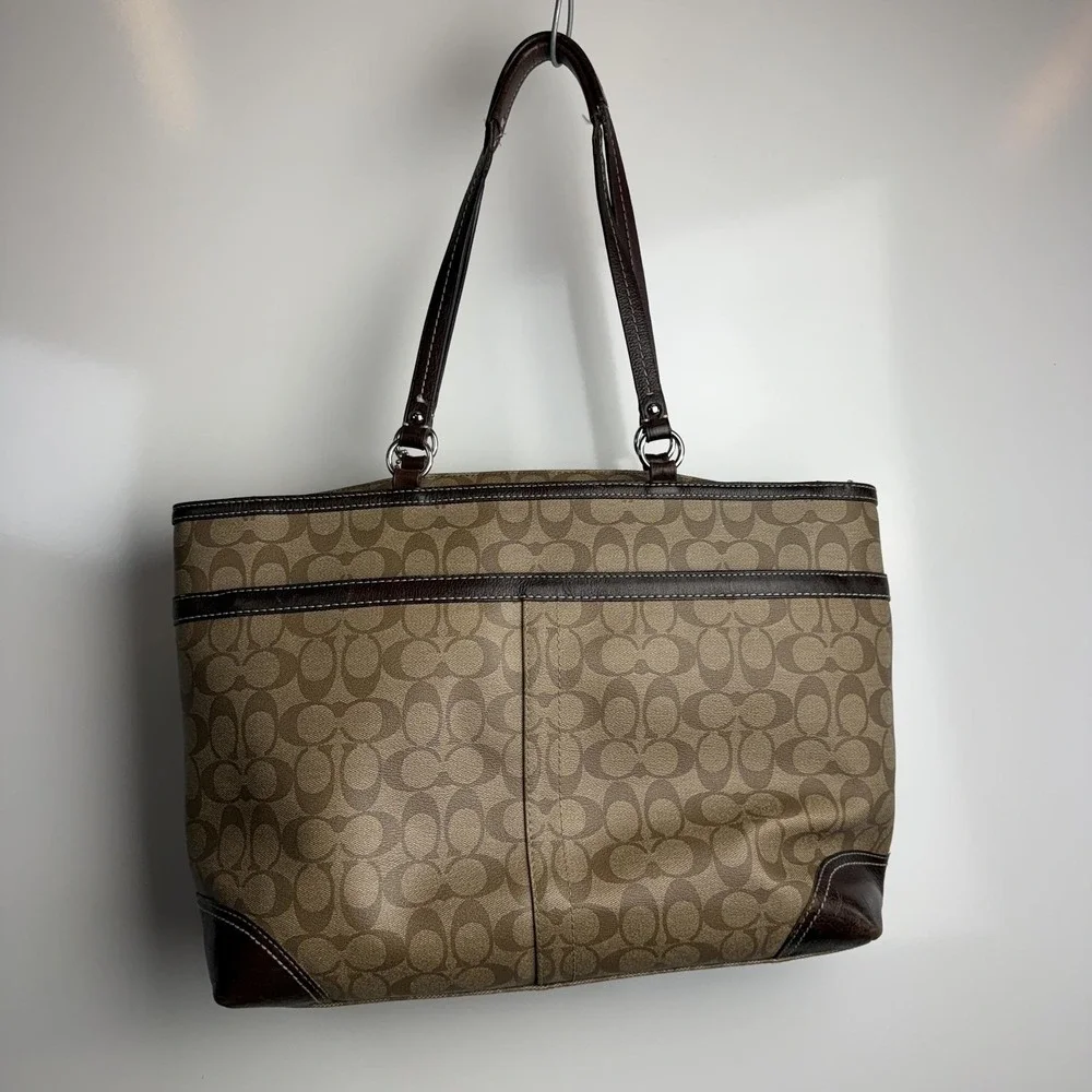 Coach Signature Stripe Diaper Bag Tote Brown Canvas Large Changing Pad